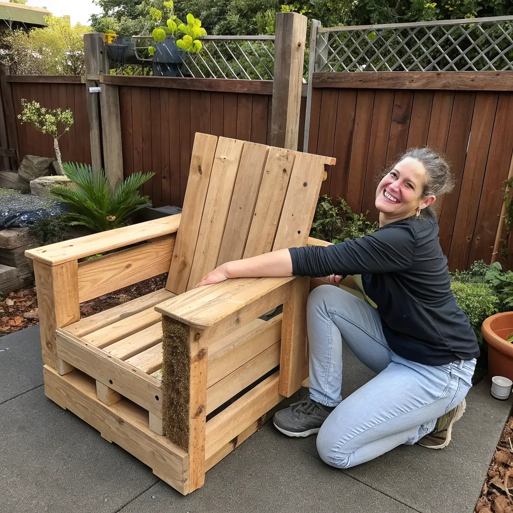Customer holding a crafted pallet chair