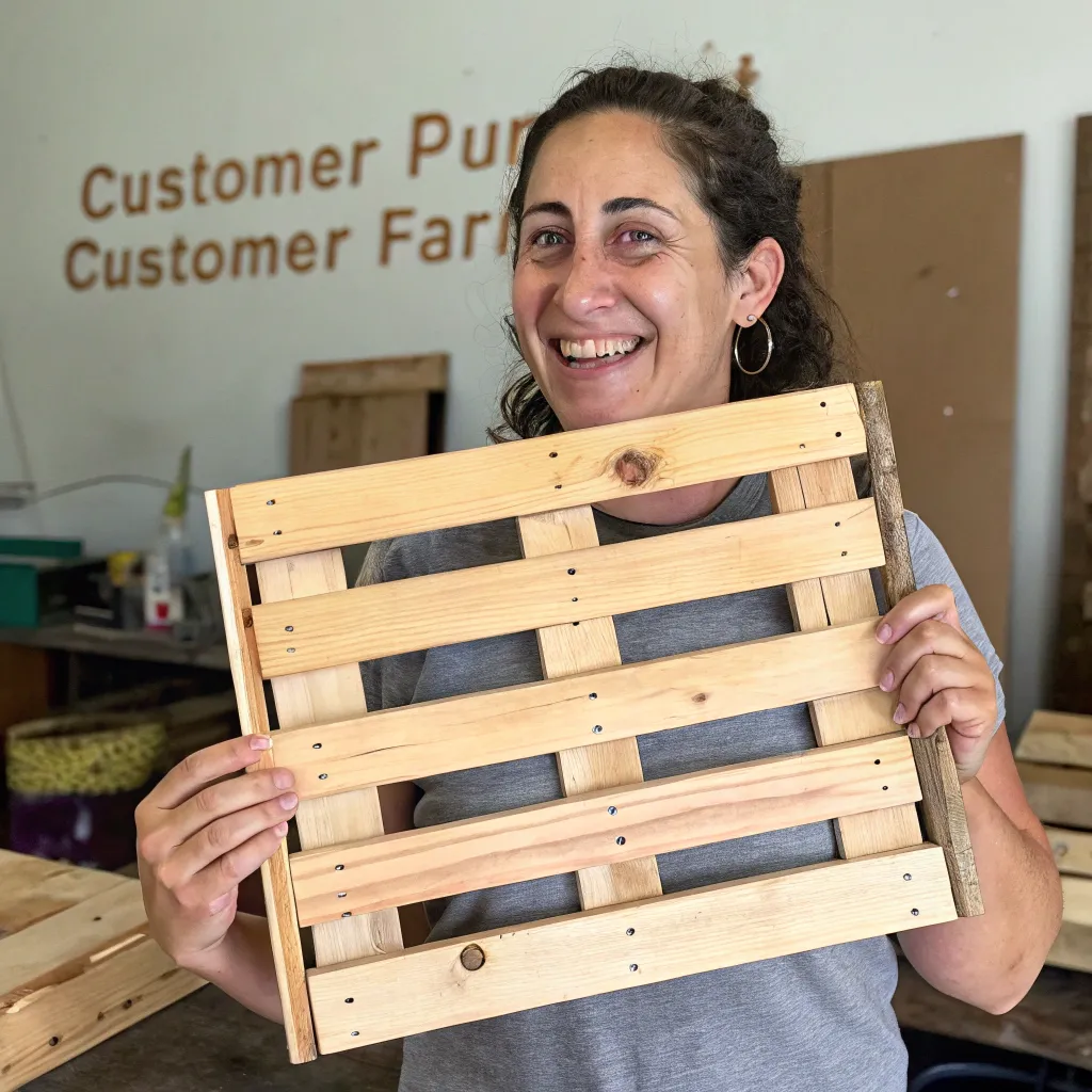 Enthusiastic customer proud of pallet craft